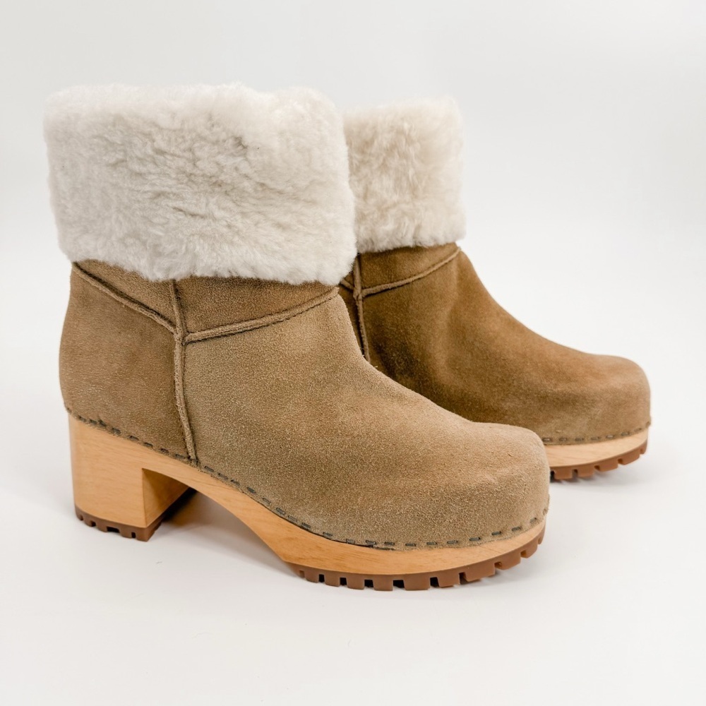 MIA Jildie Suede Shearling Clog Boots Women’s 9 Tan Wood Heel Winter Cozy Fur